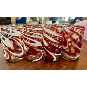 8 Piece DRINK GLASS Hand Blown MARBLE Art 13-oz Thick Orange-white Tall Cups